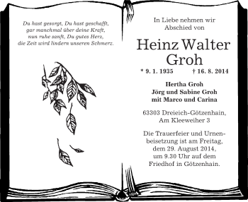 Traueranzeige von Heinz Walter Groh von Offenbach