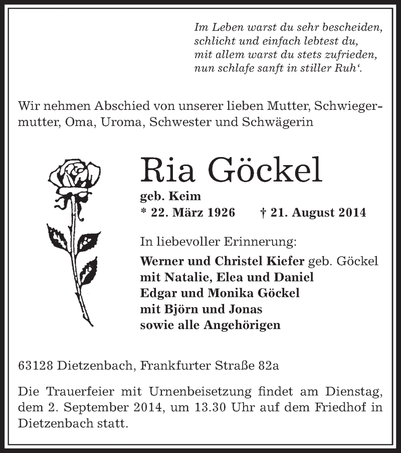  Traueranzeige für Ria Göckel vom 28.08.2014 aus Offenbach