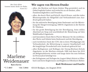 Traueranzeige von Marlene Weidenauer von Offenbach