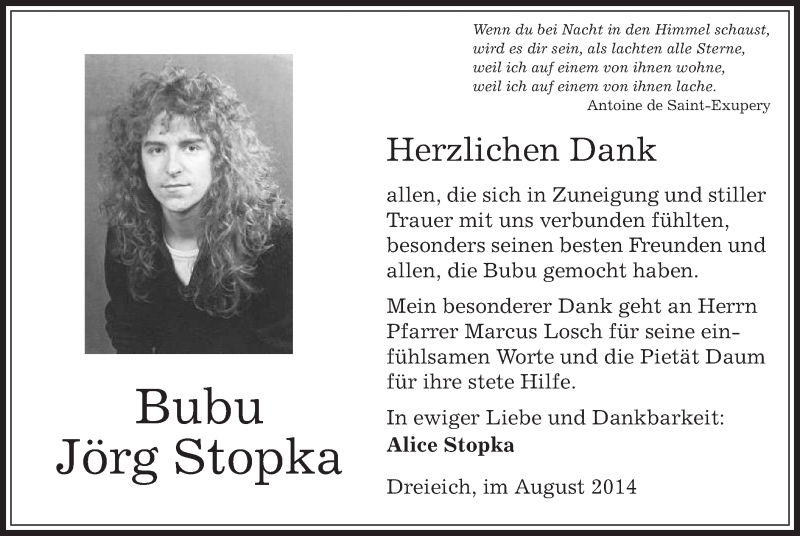  Traueranzeige für Bubu Jörg Stopka vom 28.08.2014 aus Offenbach