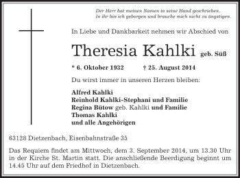 Traueranzeige von Theresia Kahlki von Offenbach