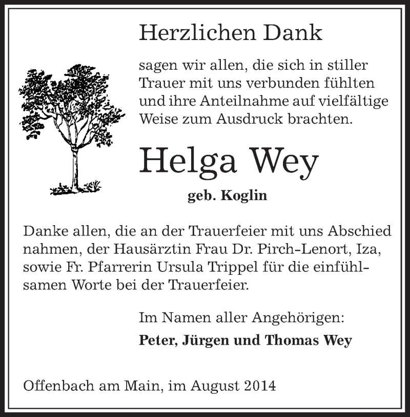  Traueranzeige für Helga Wey vom 30.08.2014 aus Offenbach