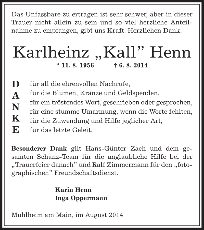  Traueranzeige für Karlheinz Henn vom 30.08.2014 aus Offenbach