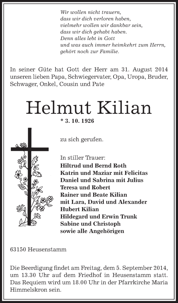  Traueranzeige für Helmut Kilian vom 02.09.2014 aus Offenbach