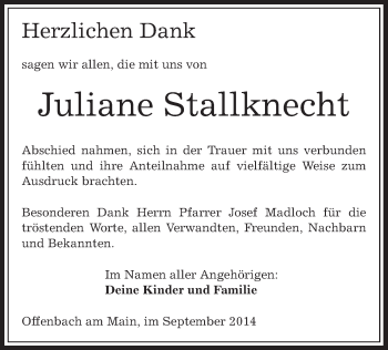 Traueranzeige von Juliane Stallknecht von Offenbach