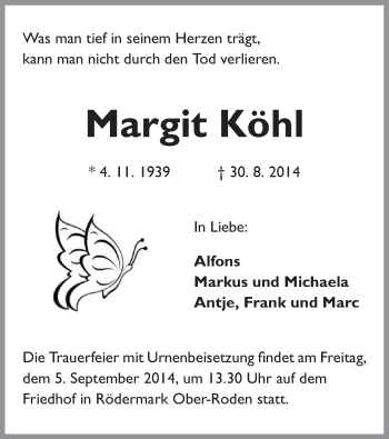 Traueranzeige von Margit Köhl von Offenbach