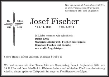 Traueranzeige von Josef Fischer von Offenbach