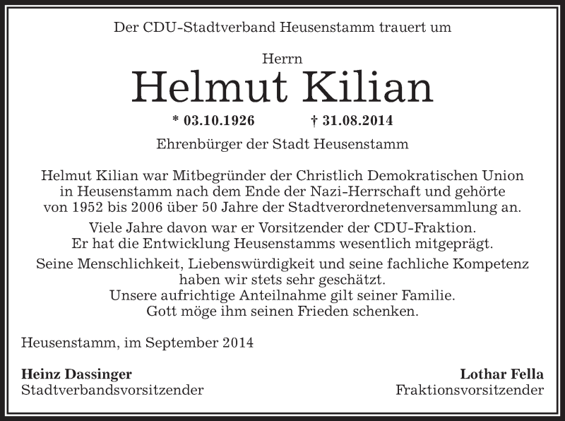  Traueranzeige für Helmut Kilian vom 03.09.2014 aus Offenbach