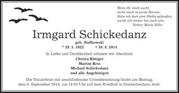 Traueranzeige von Irmgard Schickedanz von Offenbach