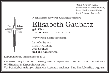 Traueranzeige von Elisabeth Gaubatz von Offenbach