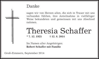 Traueranzeige von Theresia Schaffer von Offenbach