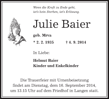 Traueranzeige von Julie Baier von Offenbach