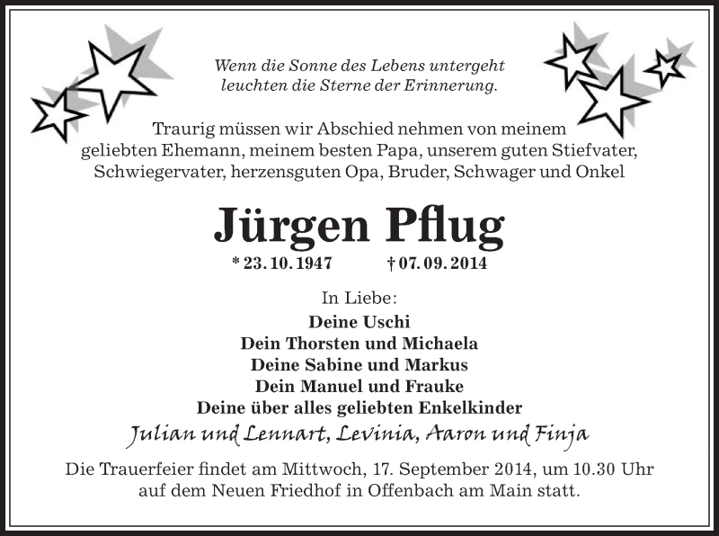  Traueranzeige für Jürgen Pflug vom 13.09.2014 aus Offenbach