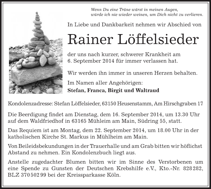  Traueranzeige für Rainer Löffelsieder vom 11.09.2014 aus Offenbach