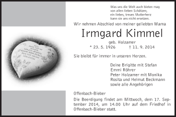 Traueranzeige von Irmgard Kimmel von Offenbach