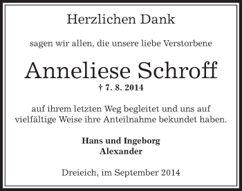 Traueranzeige von Anneliese Schroff von Offenbach