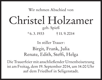 Traueranzeige von Christel Holzamer von Offenbach