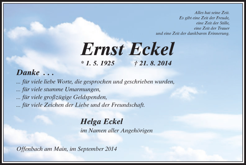  Traueranzeige für Ernst Eckel vom 19.09.2014 aus Offenbach