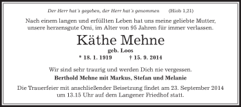 Traueranzeige von Käthe Mehne von Offenbach