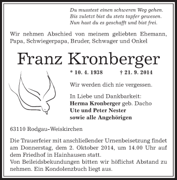 Traueranzeige von Franz Kronberger von Offenbach