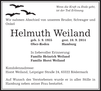 Traueranzeige von Helmuth Weiland von Offenbach