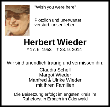 Traueranzeige von Herbert Wieder von Offenbach