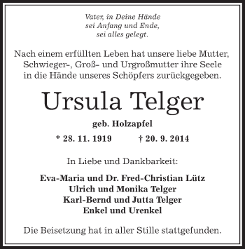 Traueranzeige von Ursula Telger von Offenbach