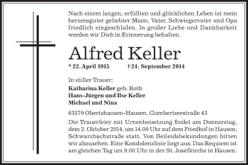 Traueranzeige von Alfred Keller von Offenbach