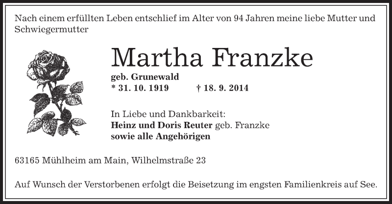  Traueranzeige für Martha Franzke vom 27.09.2014 aus Offenbach