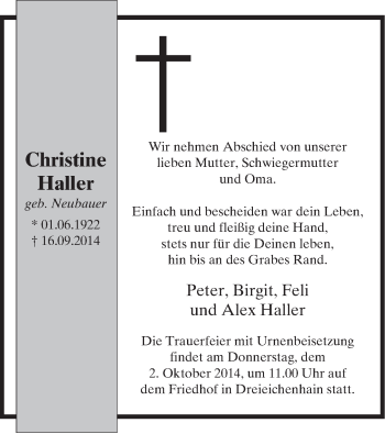 Traueranzeige von Christine Haller von Offenbach