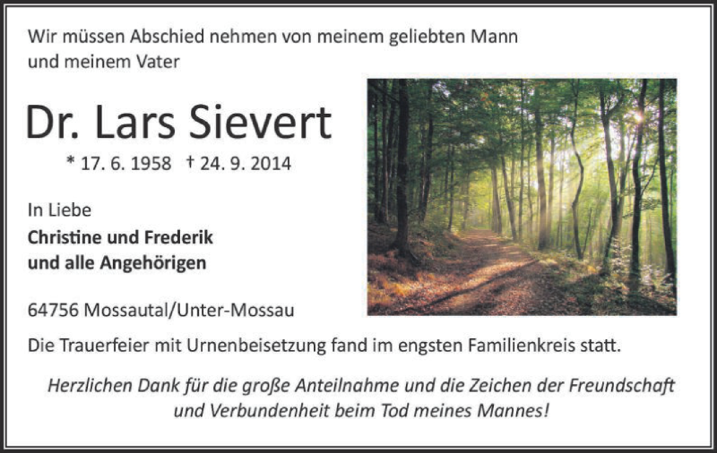  Traueranzeige für Lars Sievert vom 11.10.2014 aus Offenbach