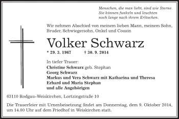 Traueranzeige von Volker Schwarz von Offenbach