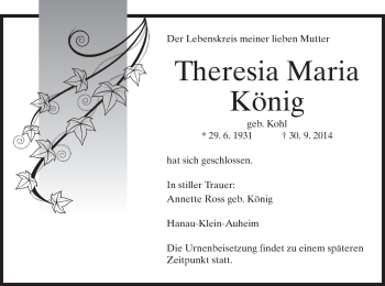 Traueranzeige von Theresia Maria König von Offenbach