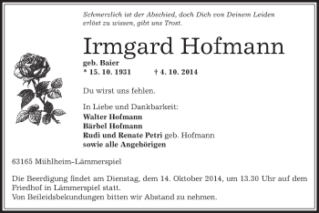 Traueranzeige von Irmgard Hofmann von Offenbach