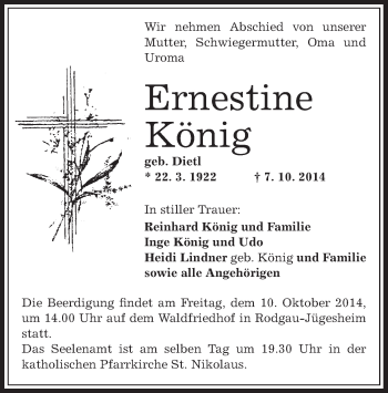 Traueranzeige von Ernestine König von Offenbach