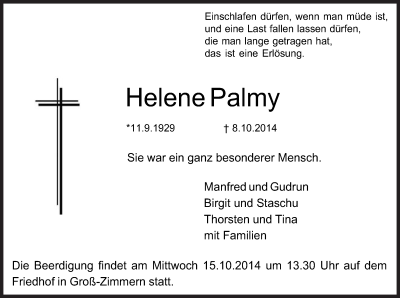  Traueranzeige für Helene Palmy vom 11.10.2014 aus Offenbach