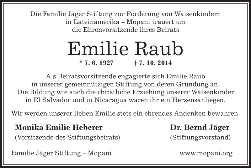  Traueranzeige für Emilie Raub vom 11.10.2014 aus Offenbach