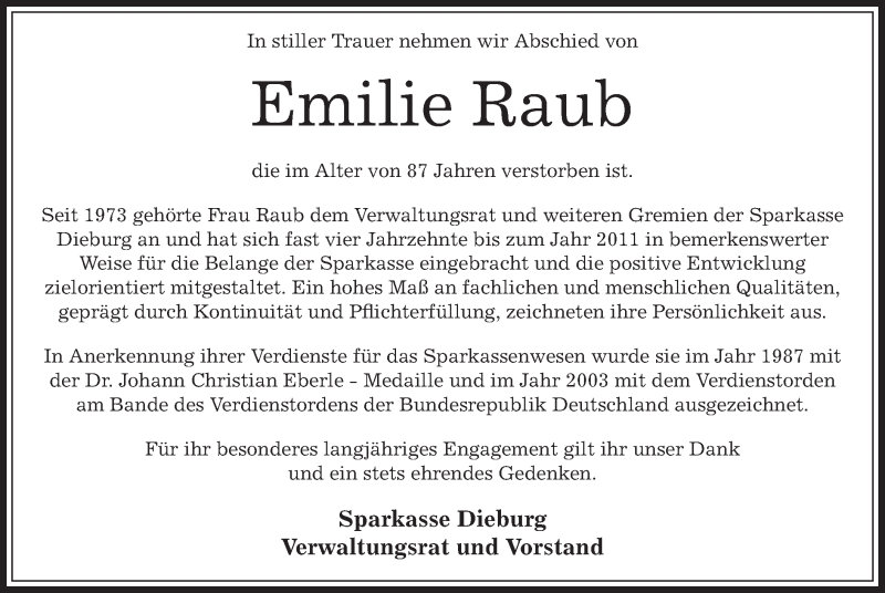  Traueranzeige für Emilie Raub vom 11.10.2014 aus Offenbach
