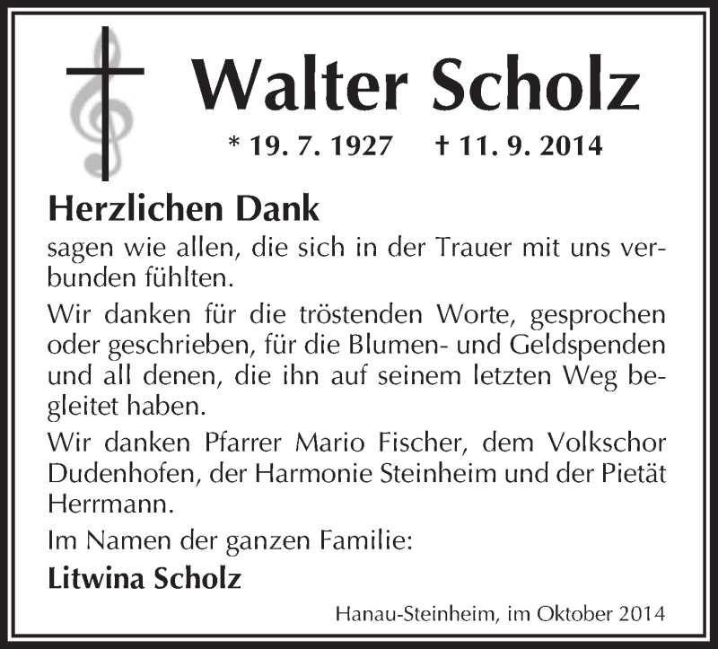  Traueranzeige für Walter Scholz vom 16.10.2014 aus Offenbach