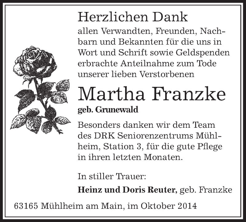  Traueranzeige für Martha Franzke vom 16.10.2014 aus Offenbach