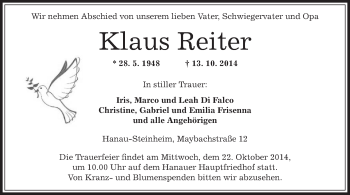 Traueranzeige von Klaus Reiter von Offenbach