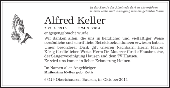 Traueranzeige von Alfred Keller von Offenbach