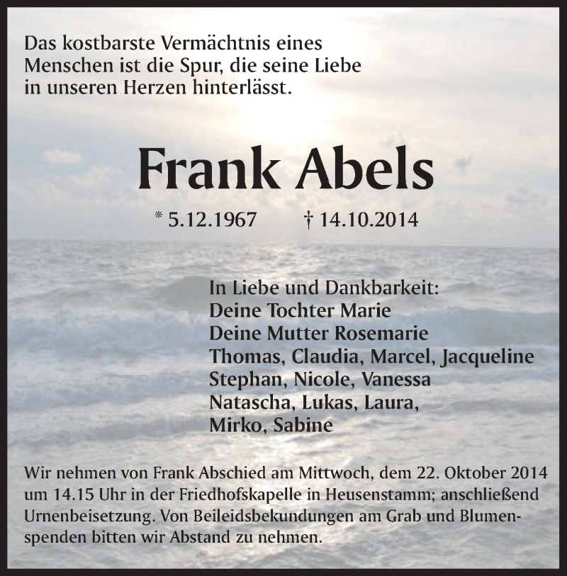  Traueranzeige für Frank Abels vom 18.10.2014 aus Offenbach
