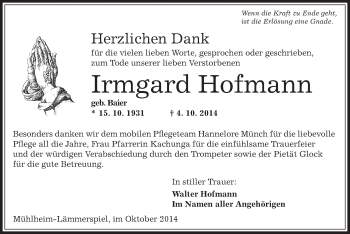 Traueranzeige von Irmgard Hofmann von Offenbach