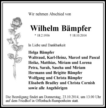 Traueranzeige von Wilhelm Bämpfer von Offenbach