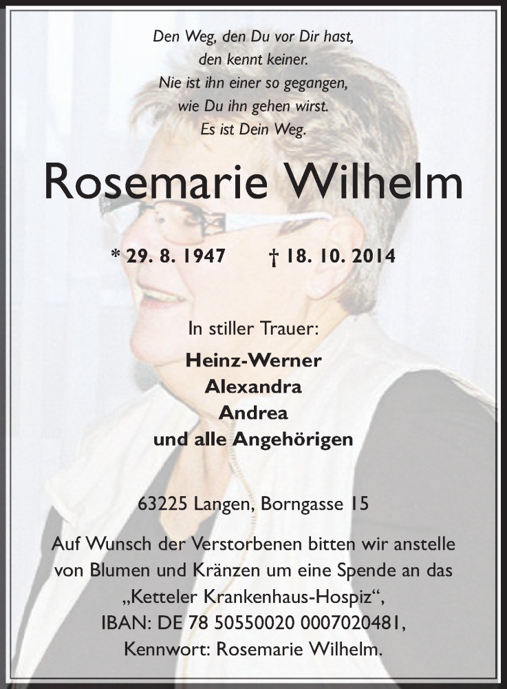  Traueranzeige für Rosemarie Wilhelm vom 23.10.2014 aus Offenbach