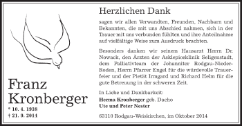 Traueranzeige von Franz Kronberger von Offenbach