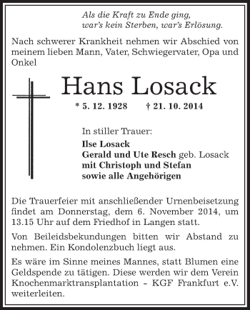 Traueranzeige von Hans Losack von Offenbach