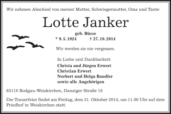 Traueranzeige von Lotte Janker von Offenbach