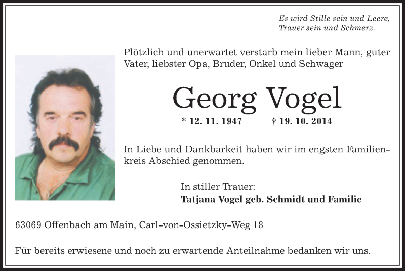  Traueranzeige für Georg Vogel vom 01.11.2014 aus Offenbach